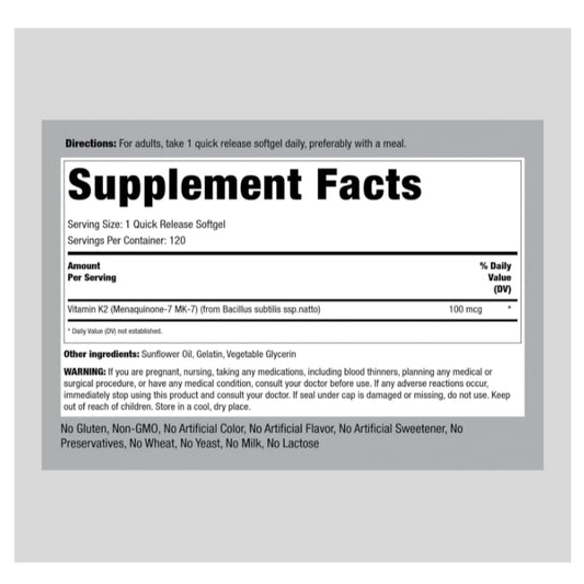 LowCost PH| Piping Rock Vitamin K2 MK-7 | 100 mcg | 120 Softgels | Non-GMO, Gluten Free Supplement