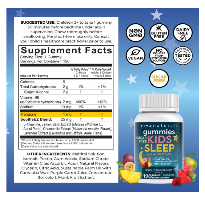 LowCost PH| Kids Sleep Gummies with Melatonin 1 mg - Vegan, Gluten and Sugar-Free Chewables 3yrs+