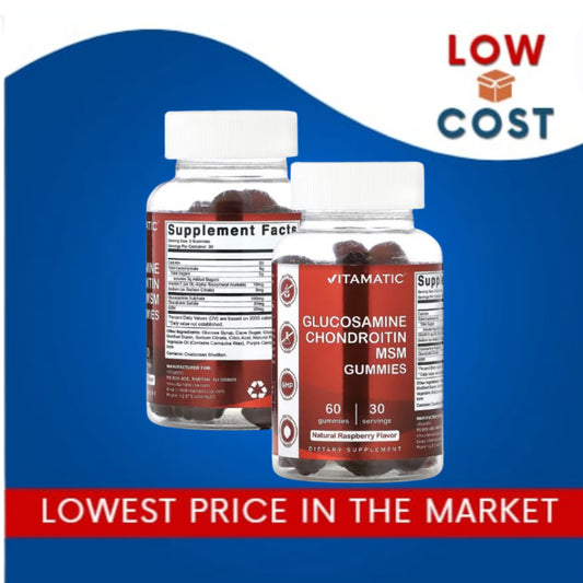 LowCostPh | Vitamatic, Glucosamine Chondroitin MSM Gummies, Natural Raspberry, 60 Gummies