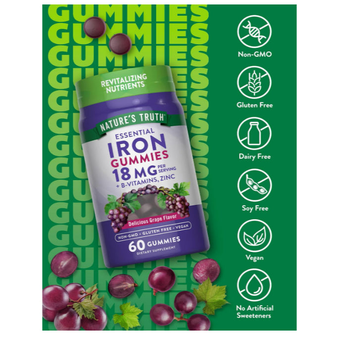 LowCost PH| Nature's Truth, Essential Iron + B-Vitamins, Zinc, Natural Grape, 60 Vegan Gummies