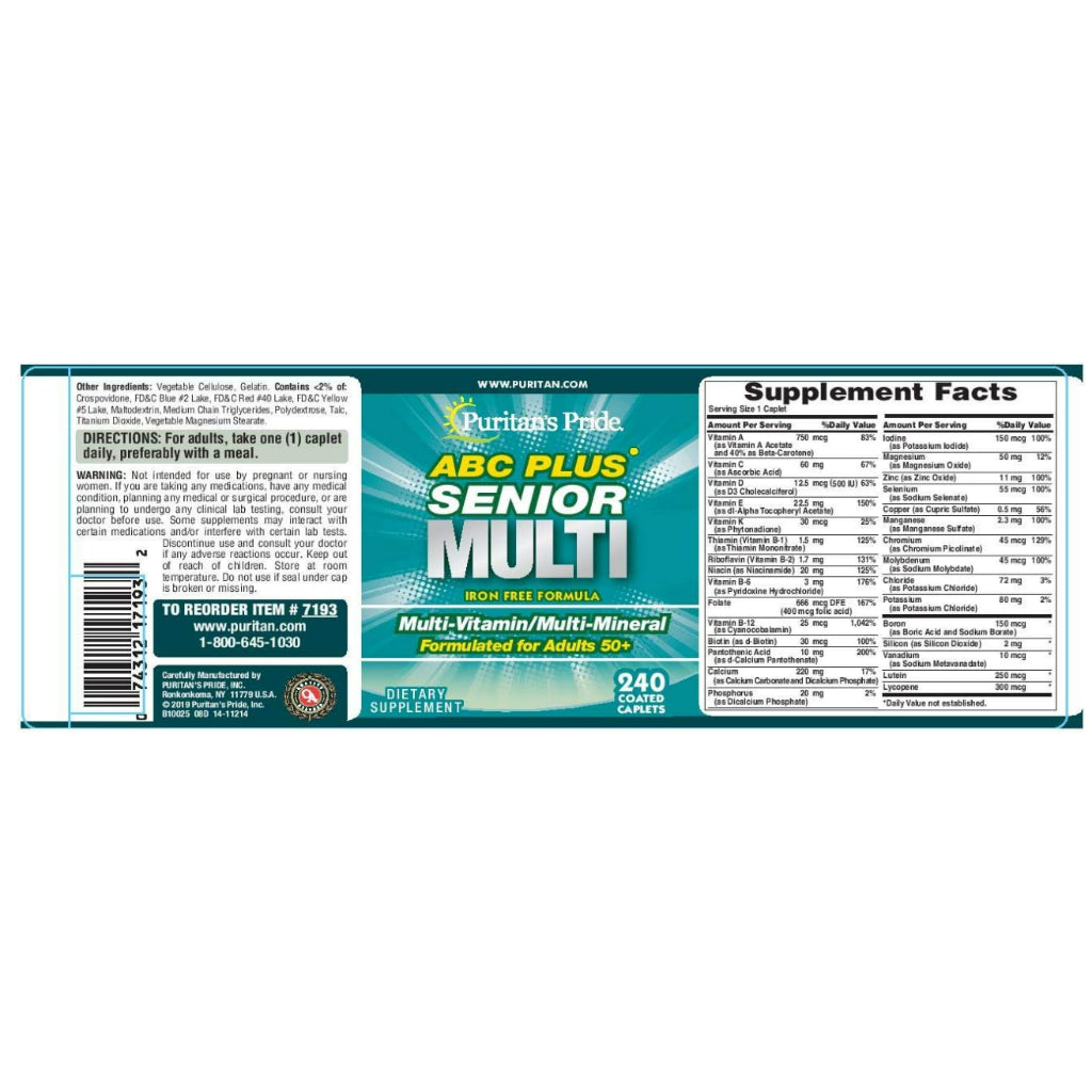 LowCost PH| Puritan's Pride Abc Plus Senior Multivitamin Multi-mineral Formula Caplets, 240 caplets