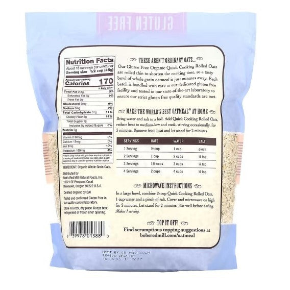LowCostPh | Bob's Red Mill Organic Gluten-Free Quick Cooking Rolled Oats 794g, Good Source of Fiber