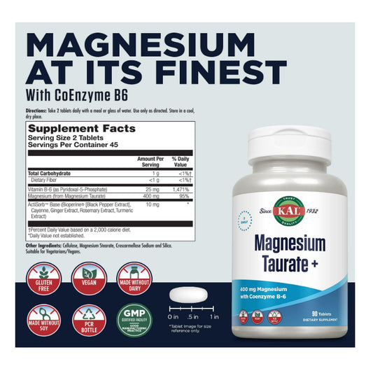 LowCost PH| KAL Magnesium Taurate & Malate 400mg Plus CoEnzyme Vitamin B6, Chelated Magnesium