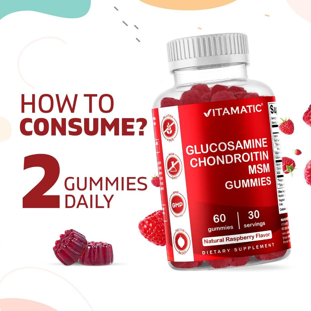 LowCostPh | Vitamatic, Glucosamine Chondroitin MSM Gummies, Natural Raspberry, 60 Gummies