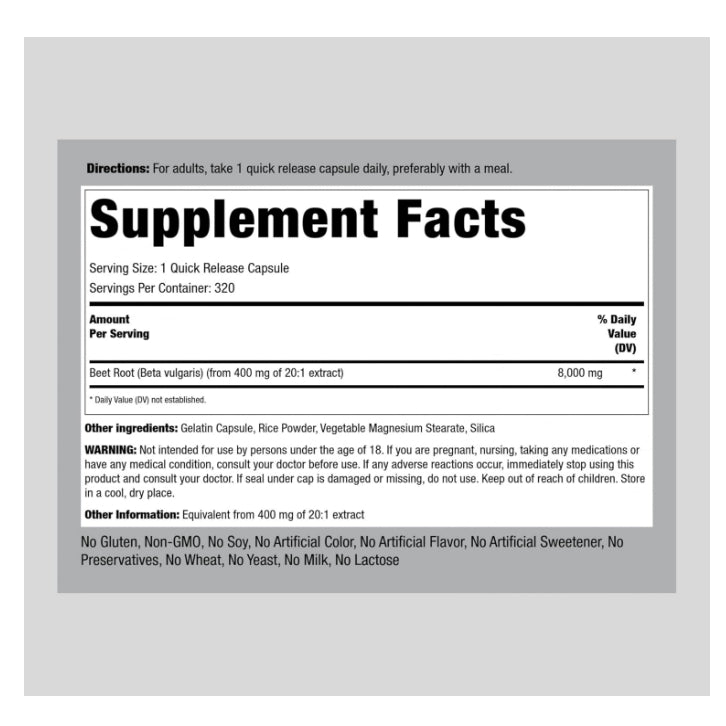 LowCost PH| Piping Rock Beet Root Powder Capsules 8000mg | 320 Caps | Concentrated Extract | Herbal
