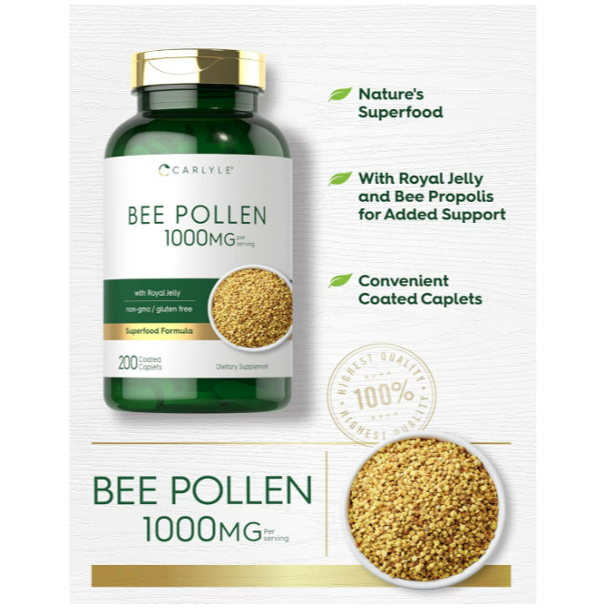 LowCost PH| Carlyle Bee Pollen Supplement | 1000mg | 200 Caplets with Royal Jelly and Bee Propolis