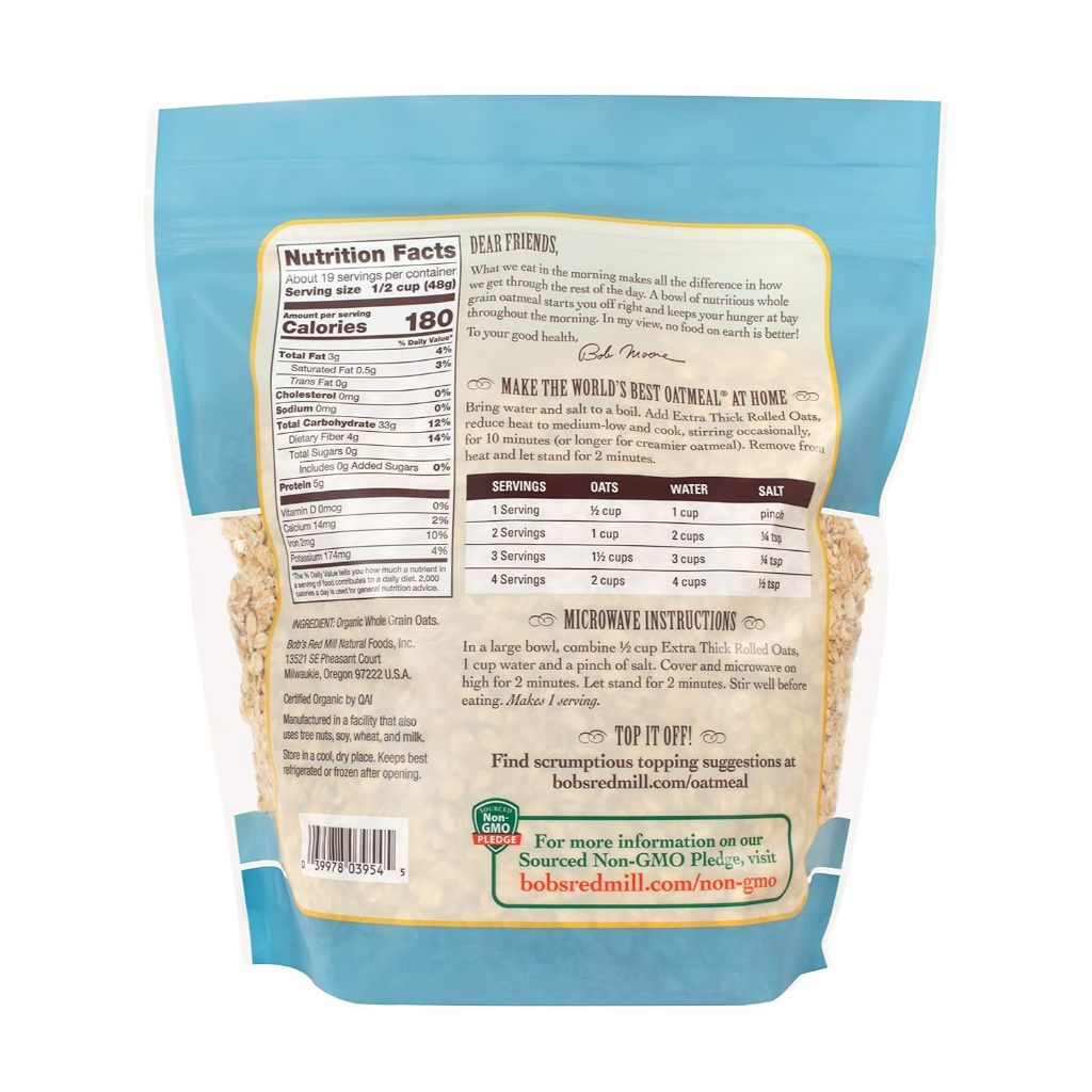 LowCostPh | Bob's Red Mill Organic Extra Thick Rolled Oats 907g, 100% Whole Grain - 45 g, USDA