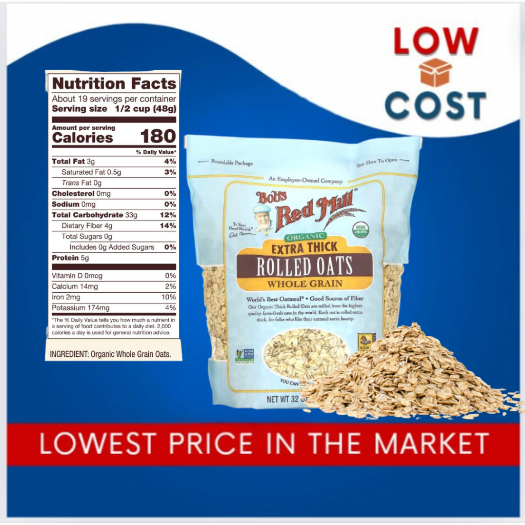 LowCostPh | Bob's Red Mill Organic Extra Thick Rolled Oats 907g, 100% Whole Grain - 45 g, USDA