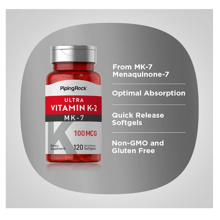 LowCost PH| Piping Rock Vitamin K2 MK-7 | 100 mcg | 120 Softgels | Non-GMO, Gluten Free Supplement