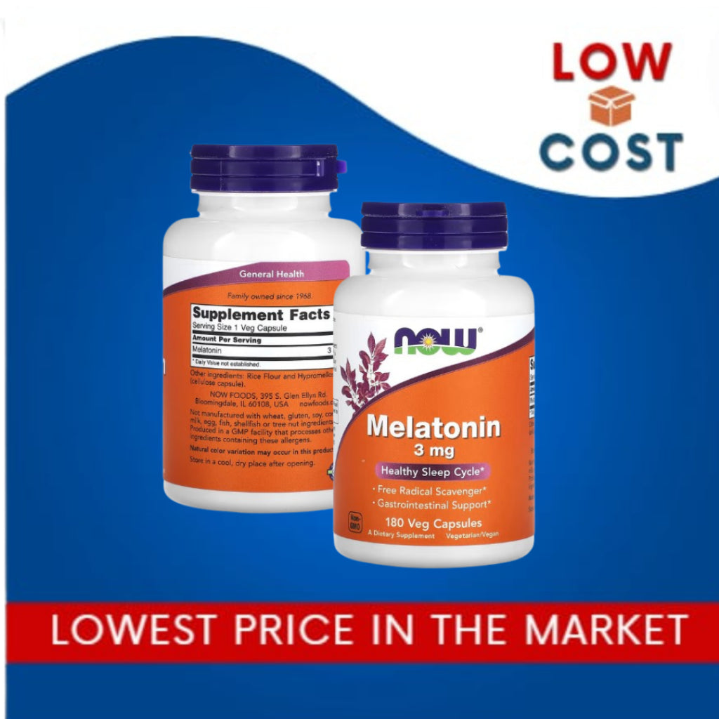 LowCostPh | NOW Foods, Melatonin, 3 mg, 180 Veg Capsules, Healthy Sleep Cycle Free Radical Scavenger