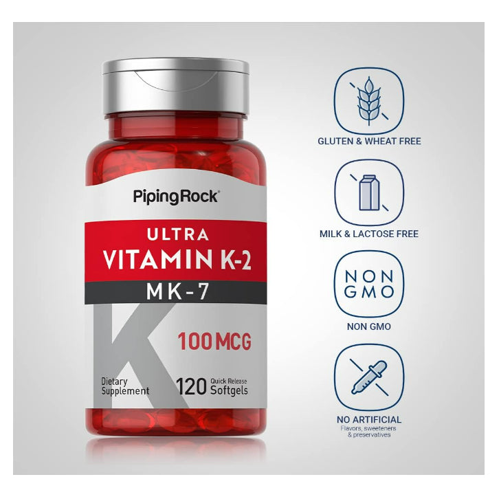 LowCost PH| Piping Rock Vitamin K2 MK-7 | 100 mcg | 120 Softgels | Non-GMO, Gluten Free Supplement