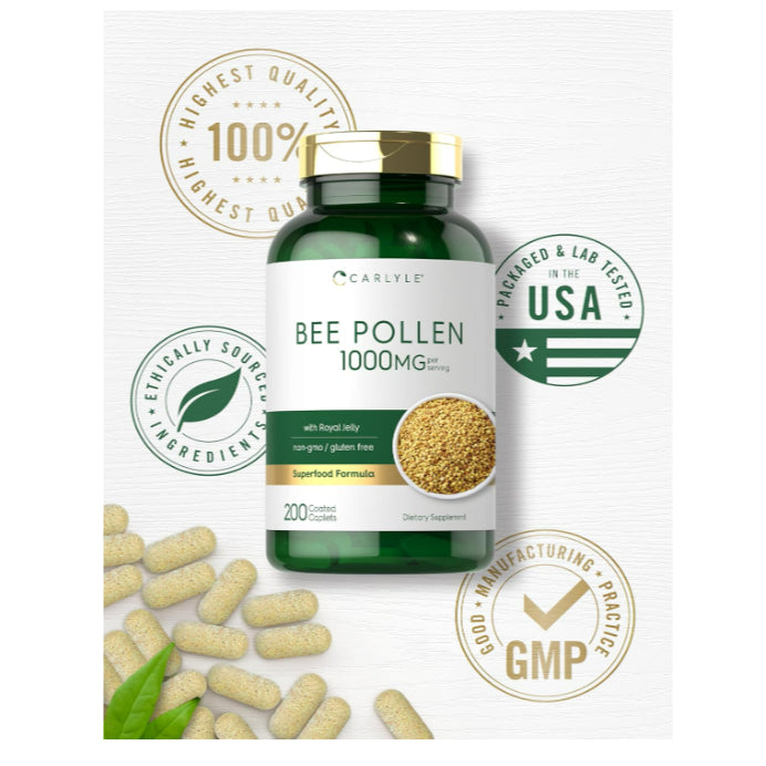 LowCost PH| Carlyle Bee Pollen Supplement | 1000mg | 200 Caplets with Royal Jelly and Bee Propolis