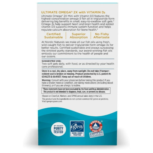 LowCostPH| Nordic Naturals, Ultimate Omega 2X w/ Vit D3, Lemon,1120mg Omega-3+1000 IU Vit D3 60minis