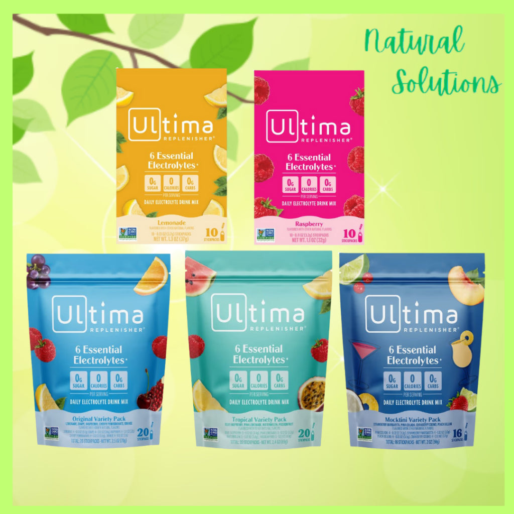 NaturalSolutions | Ultima Replenisher, 6 Essential Electrolytes, Lemonade, Tropical, Mix, Raspberry