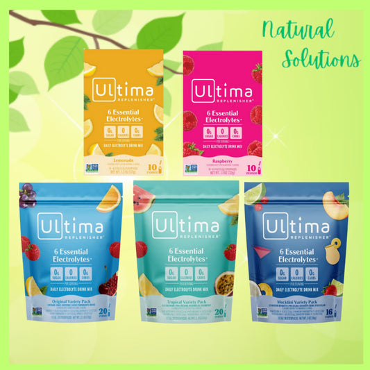 NaturalSolutions | Ultima Replenisher, 6 Essential Electrolytes, Lemonade, Tropical, Mix, Raspberry