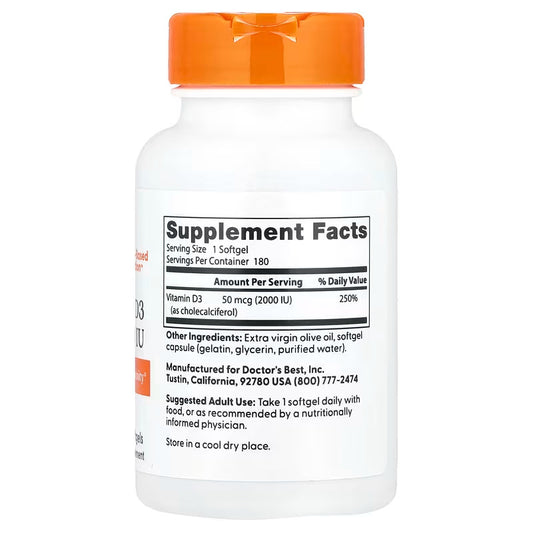 USA Supplements | Doctor's Best, Vitamin D3, 2,000 IU, 180 Softgels ( Bone & Teeth Support )