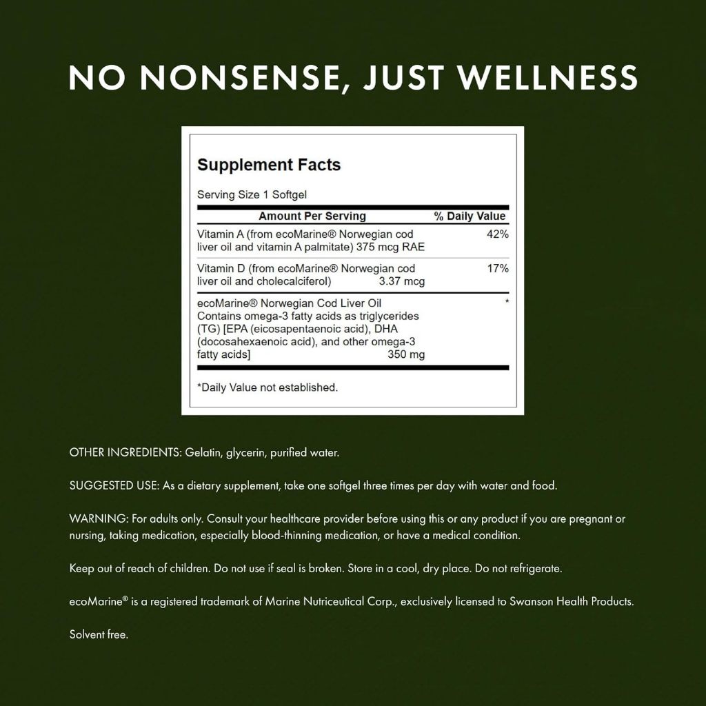 HealthilyYou | Swanson, Norwegian Cod Liver Oil, 350 mg, 250 Softgels Heart and Brain Health