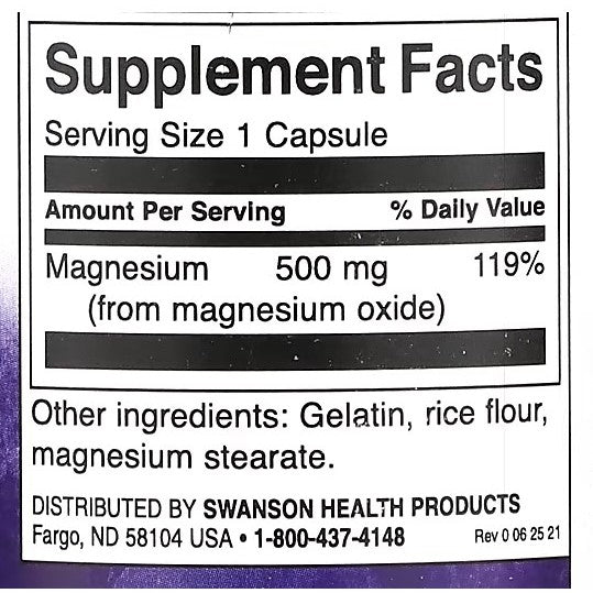 HealthilyYou | Swanson, Magnesium Oxide, 200 mg, 500 mg, Capsules Muscle and Bone Health