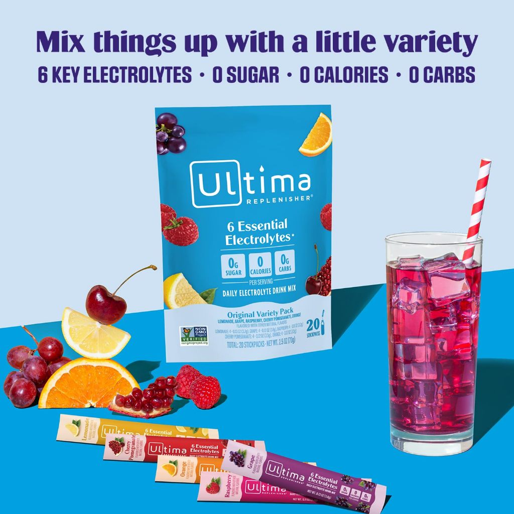 NaturalSolutions | Ultima Replenisher, 6 Essential Electrolytes, Lemonade, Tropical, Mix, Raspberry