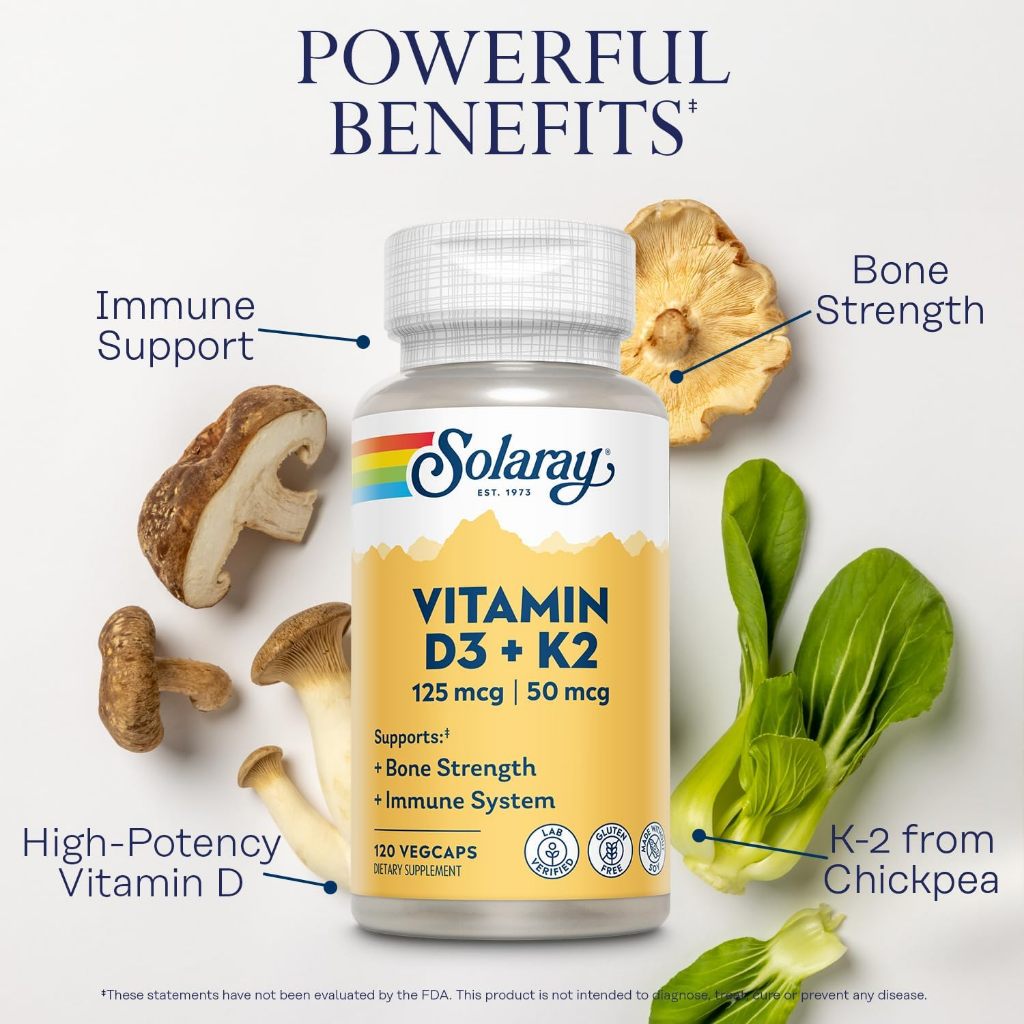 NaturalSolutions | Solaray, Vitamin D3 + K2, VegCaps, Bone & Immune Health Made Without Soy