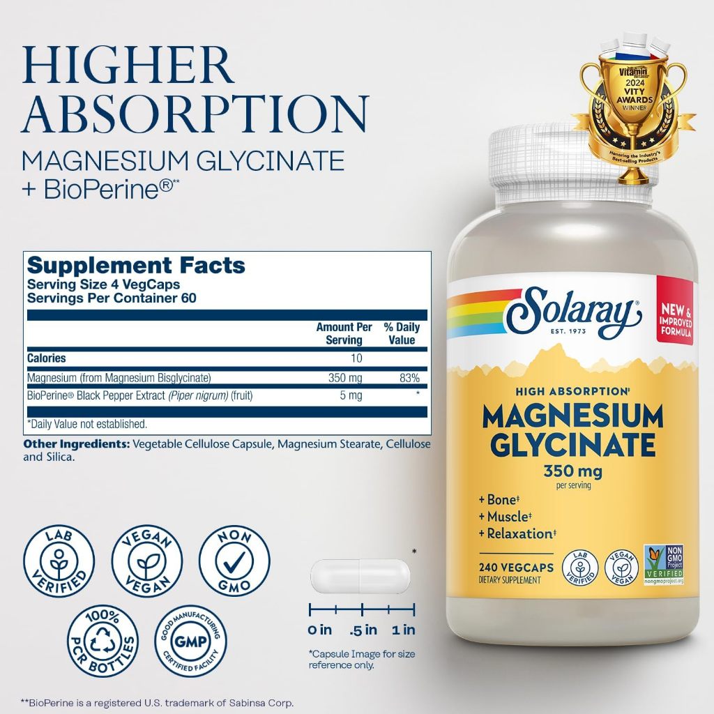 NaturalSolutions | Solaray, High Absorption Magnesium Glycinate, 350 mg, Bone Muscle Relaxation