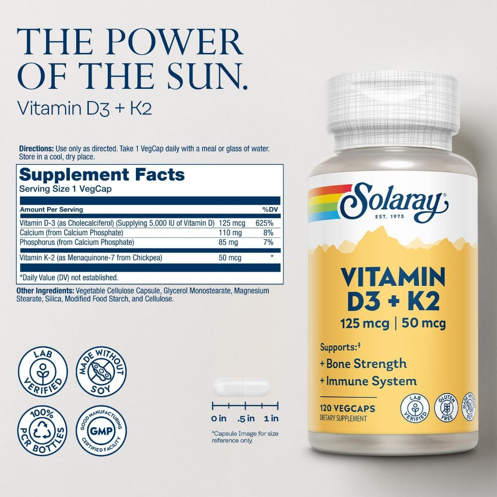 NaturalSolutions | Solaray, Vitamin D3 + K2, VegCaps, Bone & Immune Health Made Without Soy