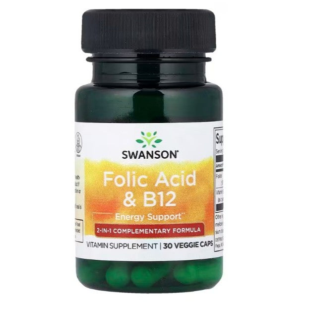HealthilyYou | Swanson, Folic Acid & B12, 30 Veggie Caps Energy Support 2-in-1 Complementary Formula