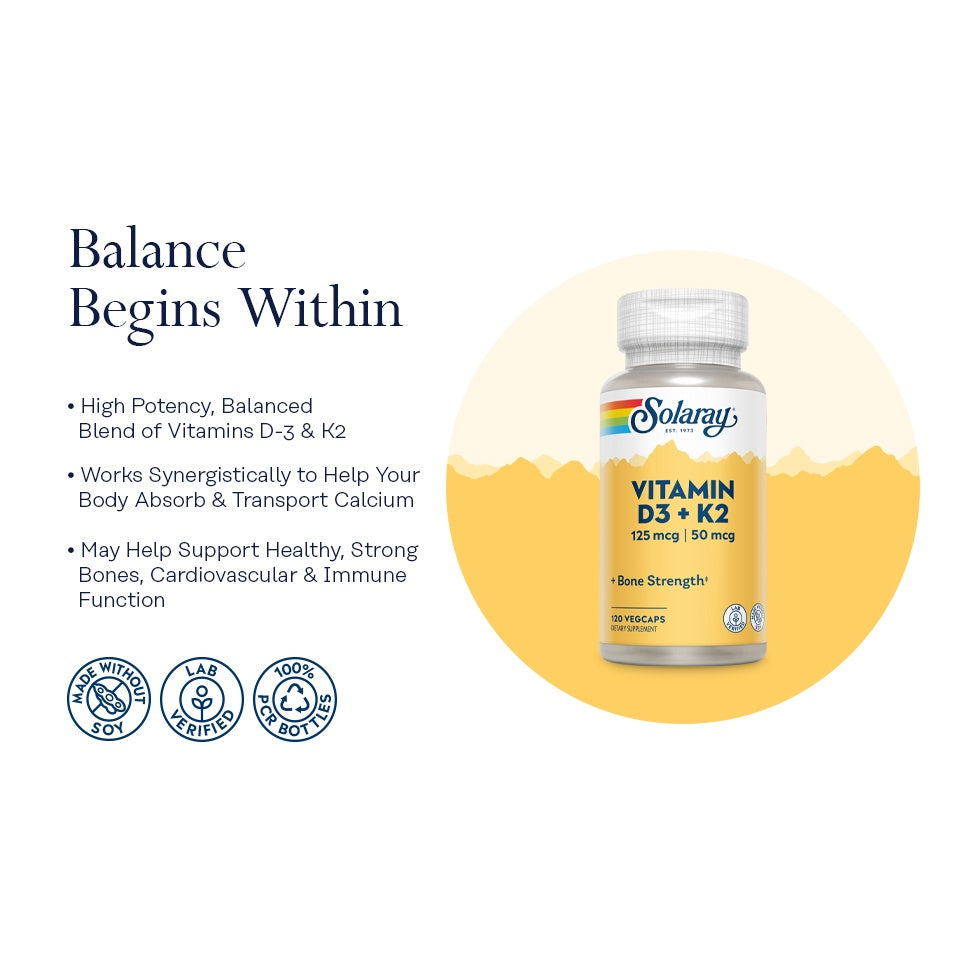 LowCostPH | Solaray, Vitamin D3 + K2, 60VegCaps, for Bone Strength, Dietary Supplement