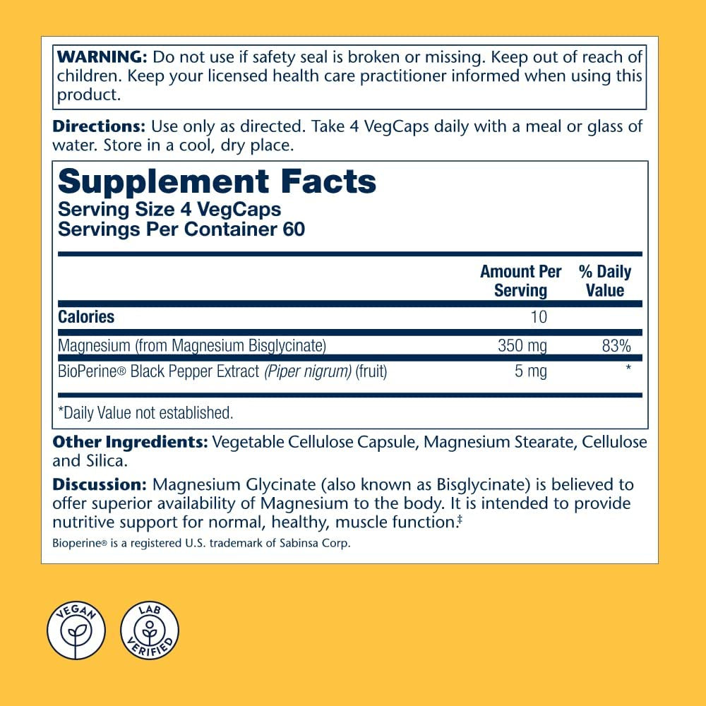 USA Onhand | Solaray Higher Absorption Magnesium Glycinate, 350 mg, 240 VegCaps Dietary Supplements