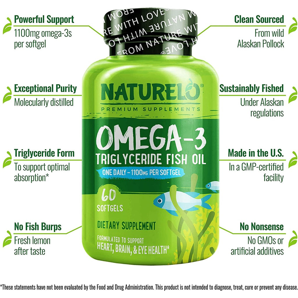 LowCostPh | NATURELO, Omega-3 Triglyceride Fish Oil, 1,100 mg, 60 Softgels | 120 Softgels