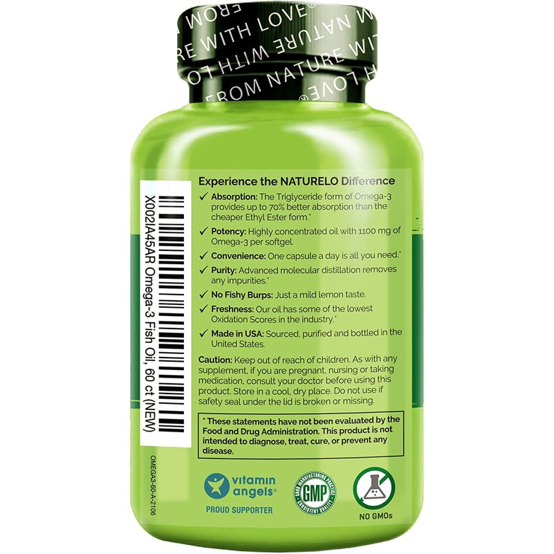 LowCostPh | NATURELO, Omega-3 Triglyceride Fish Oil, 1,100 mg, 60 Softgels | 120 Softgels
