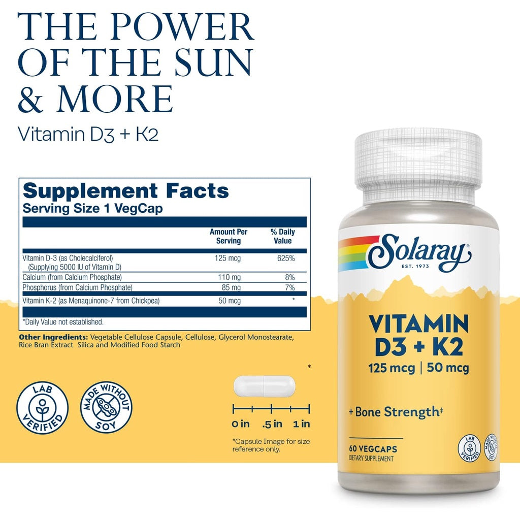 LowCostPH | Solaray, Vitamin D3 + K2, 60VegCaps, for Bone Strength, Dietary Supplement