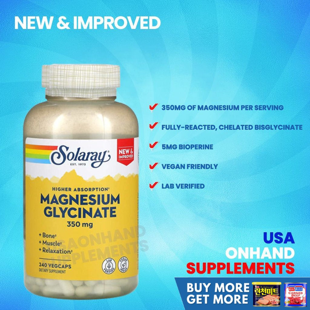 USA Onhand | Solaray Higher Absorption Magnesium Glycinate, 350 mg, 240 VegCaps Dietary Supplements