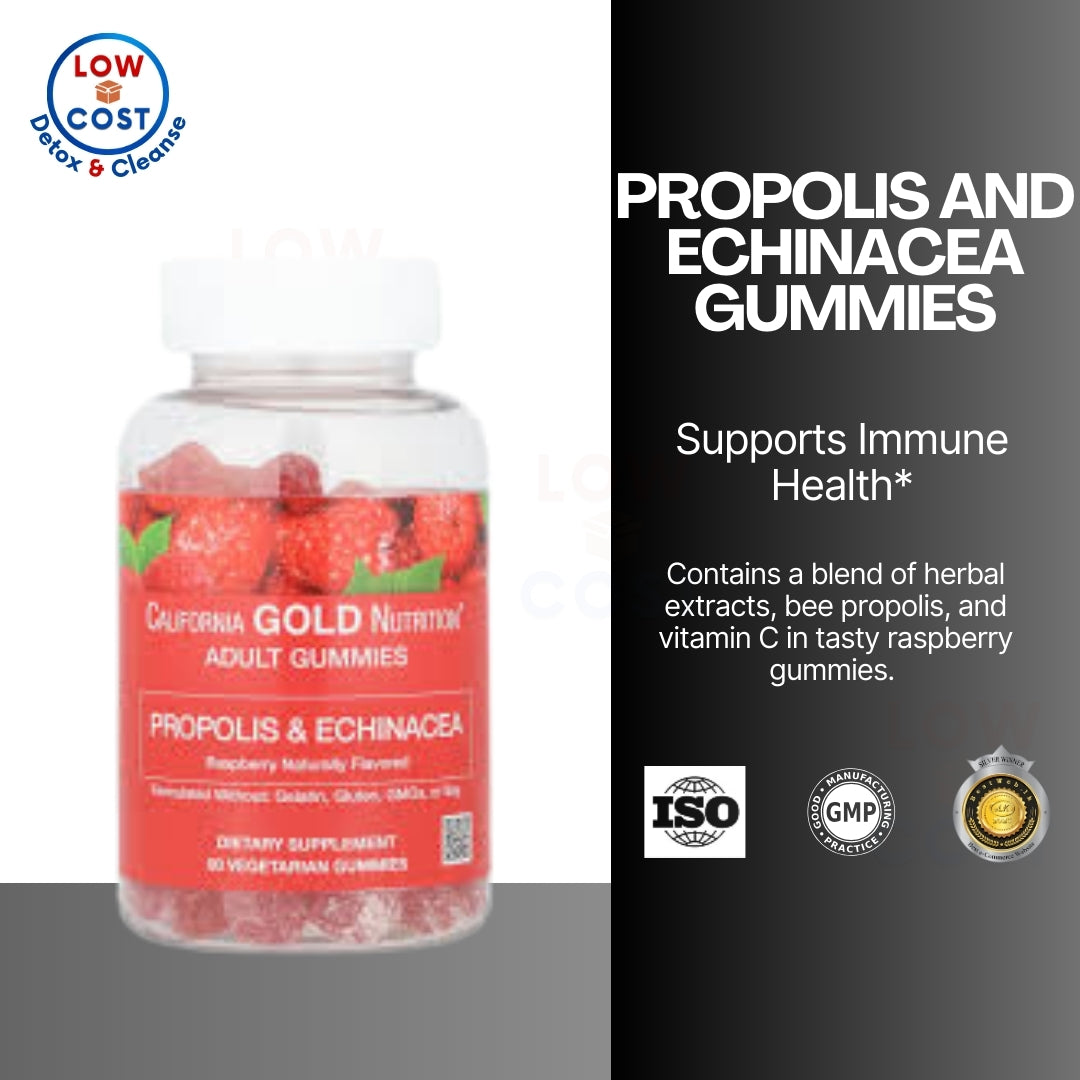 LowCost PH| California Gold Nutrition, Propolis and Echinacea Gummies, Natural Raspberry, 90 Veggum