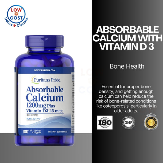LowCostPH|Puritan's Pride Absorbable Calcium with Vitamin D 3 1000iu Softgels, 1200 mg, 200 Count