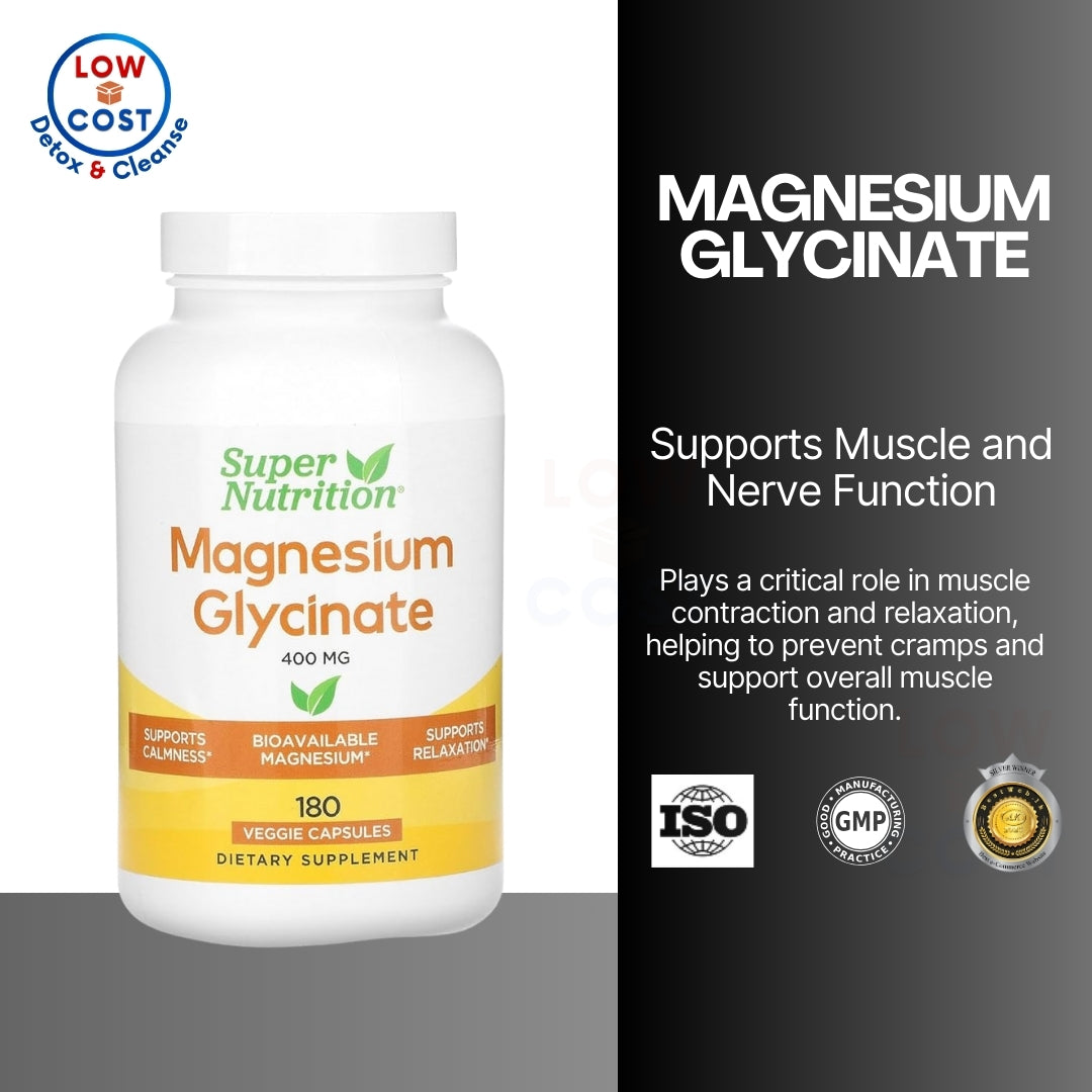 LowCostPH| Super Nutrition, Magnesium Glycinate, 400 mg, 180 Veggie Capsules (133 mg Per Capsule)