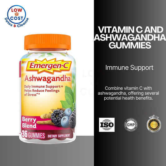LowCostPH | Emergen-C Vitamin C and Ashwagandha Gummies, Immune Support, Berry Blend 30 gummies