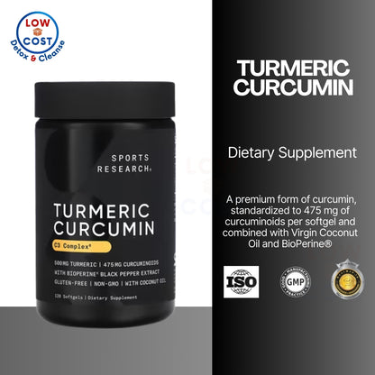 LowCostPH | Sports Research, Turmeric Curcumin, C3 Complex 500mg, Bioperine Black Pepper Extract 120