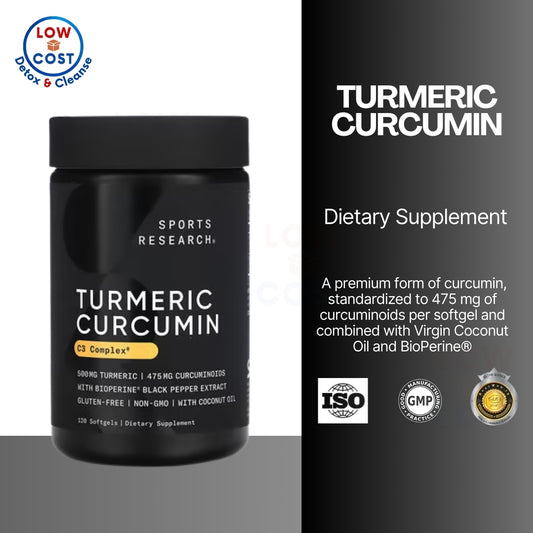 LowCostPH | Sports Research, Turmeric Curcumin, C3 Complex 500mg, Bioperine Black Pepper Extract 120
