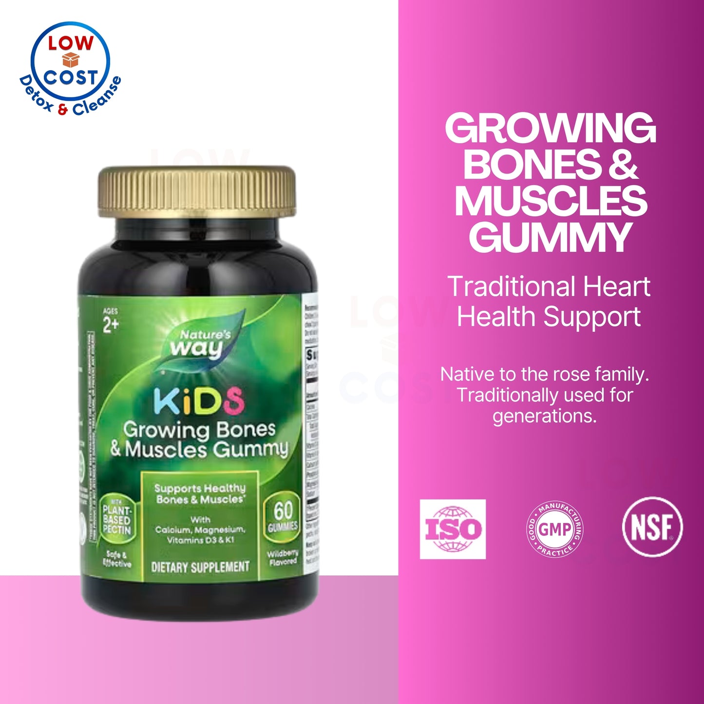 LowCostPH | Nature's Way, Kids, Growing Bones & Muscles Gummy, Ages 2 +, Wildberry, 60 Gummies