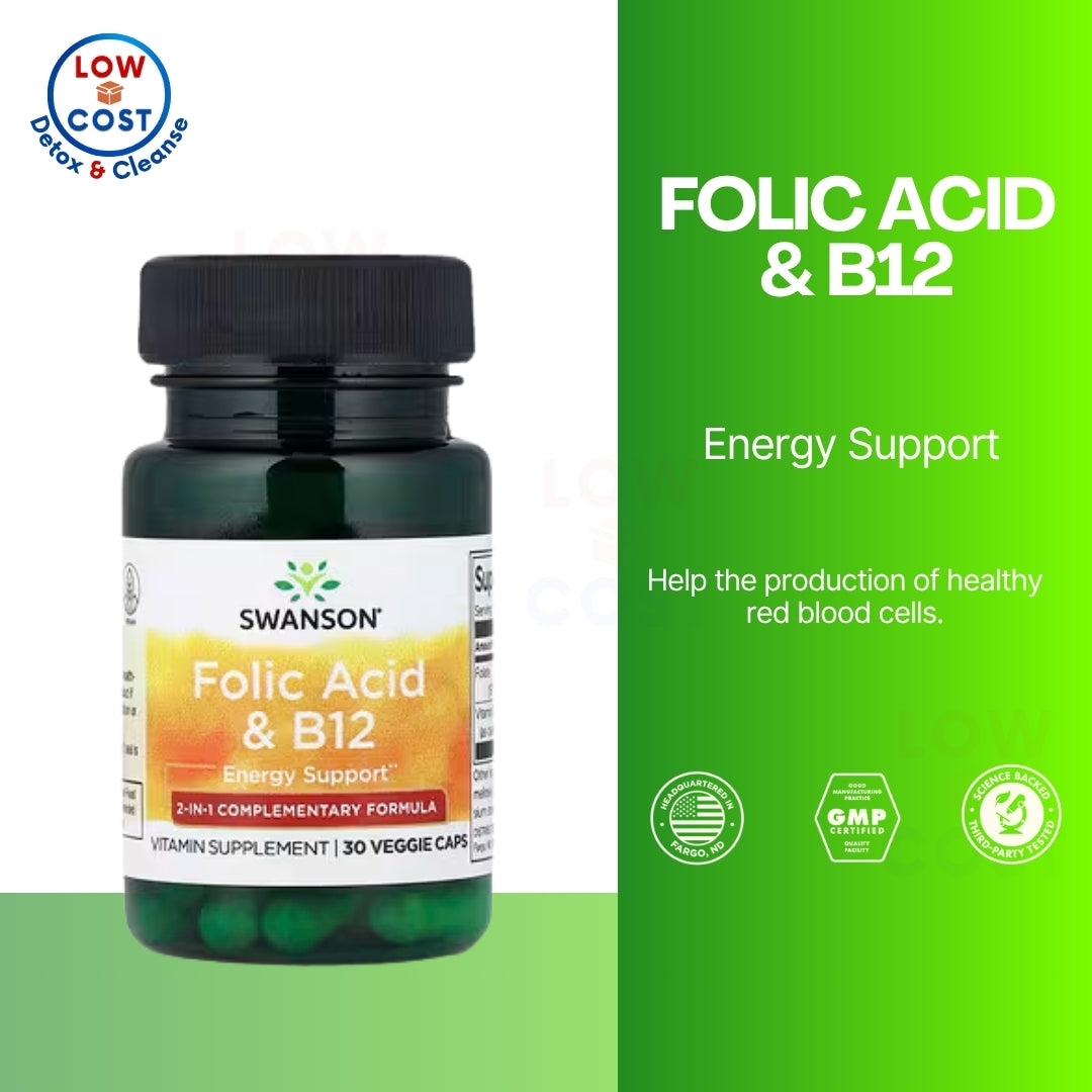 LowCostPH | Swanson, Folic Acid & B12, 30 Veggie Caps Energy Support 2-in-1 Complementary Formula