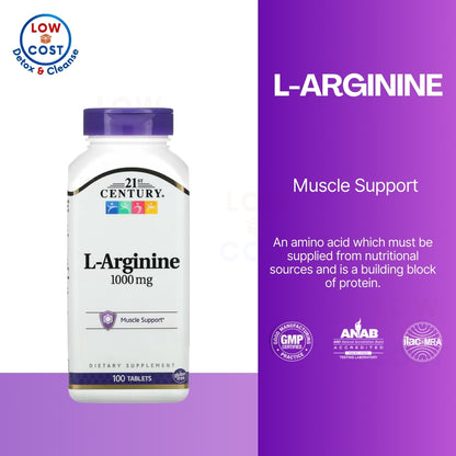 LowCostPh | 21st Century, L-Arginine, 1,000 mg, 100 Tablets, Muscle Support Dietary Supplement,
