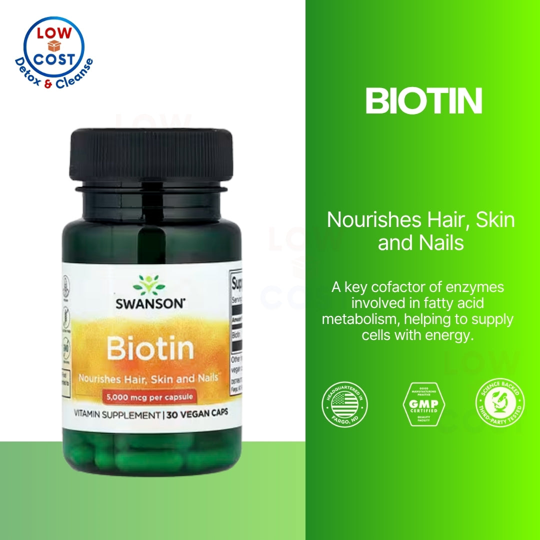 LowCostPH | Swanson, Biotin, 5,000 mcg, 30 & 100 Capsules, Nourishes Hair, Skin and Nails