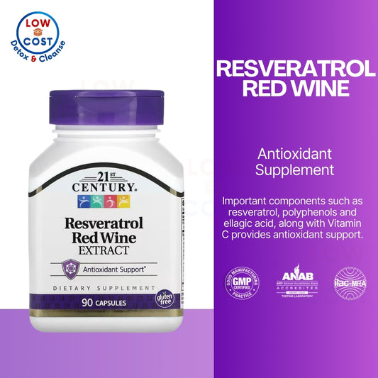 LowCostPH| 21st Century, Resveratrol Red Wine Extract, 90 Capsules Antioxidant Protection| Anti-Agin