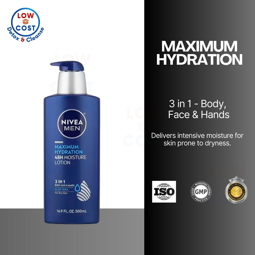 USAOnhand| Nivea, Men, Maximum Hydration, 3-in-1 Nourishing Lotion, Aloe Vera, 16.9 fl oz (500 ml)
