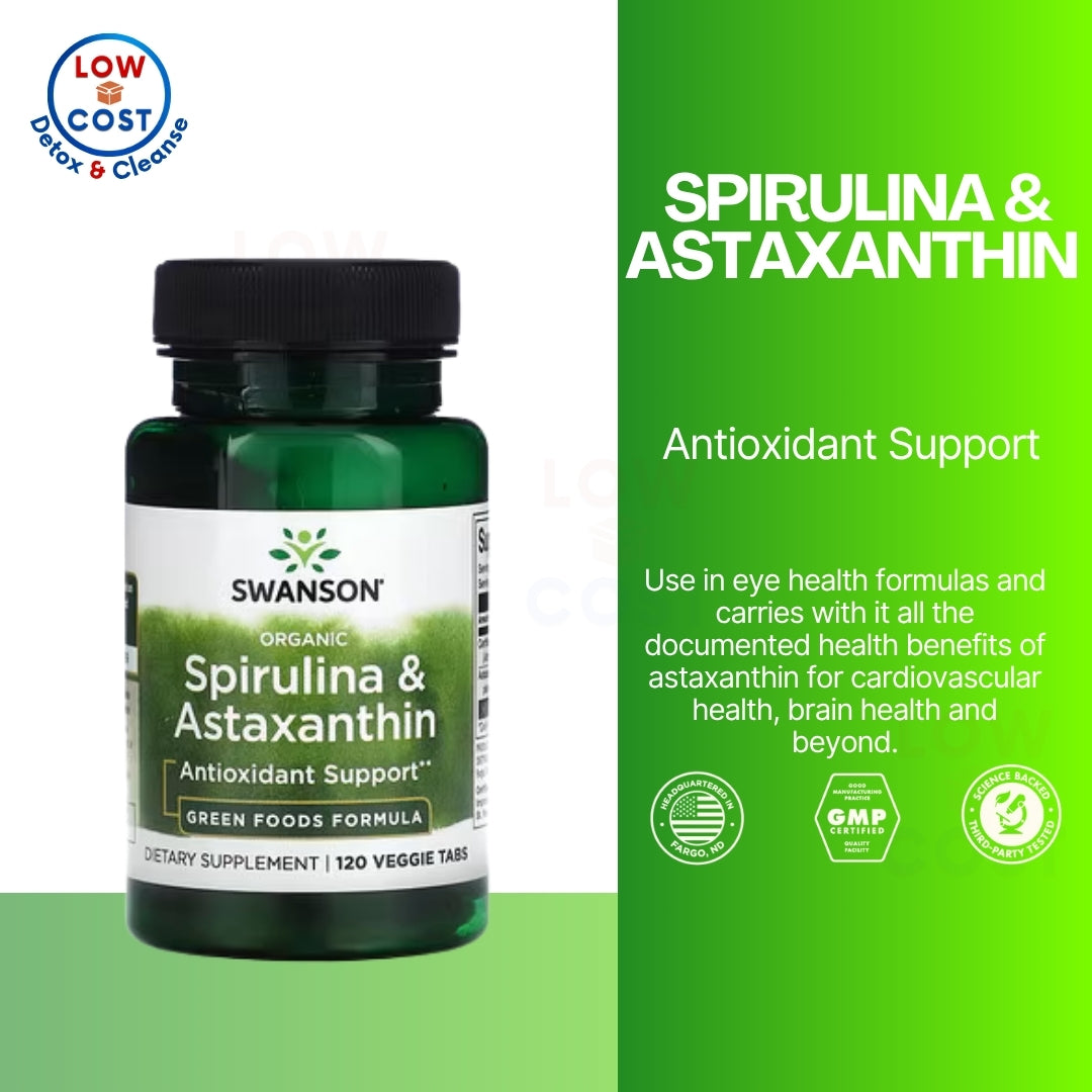 LowCostPH | Swanson, Organic Spirulina & Astaxanthin, 120 Veggie Tabs Antioxidant Support