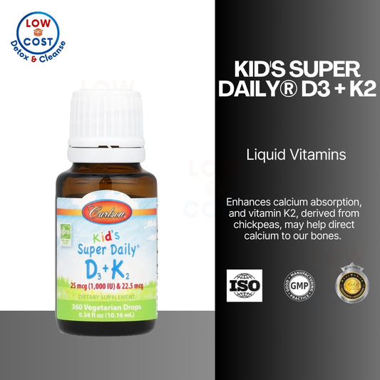 LowCostPh | Carlson, Kid's, Super Daily D3+K2, 25 mcg (1,000 IU) & 22.5 mcg, 0.34 fl oz (10.16 ml)