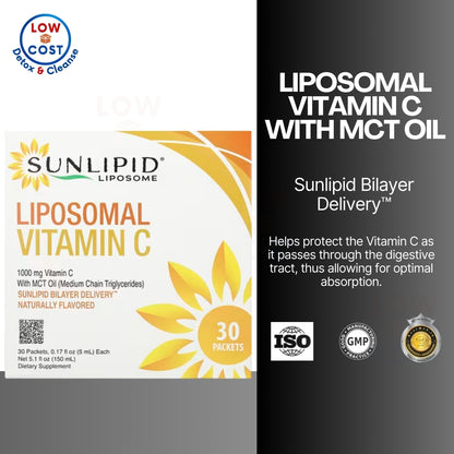 LowCostPH | Sunlipid, Liposomal Vitamin C with MCT Oil, 30 Packets, 0.17 fl oz (5 ml) Each