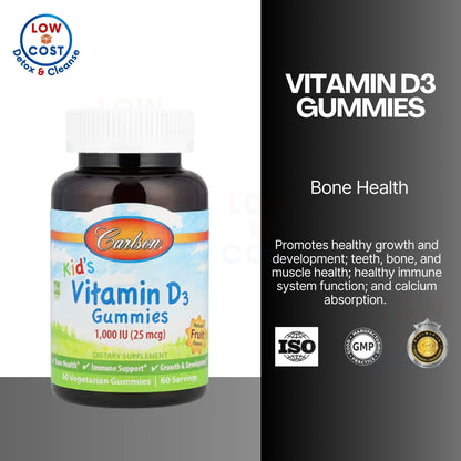 LowCostPh | Carlson, Kid's, Vitamin D3 Gummies, Natural Fruit, 25 mcg (1,000 IU), 60 VegetarianGummy