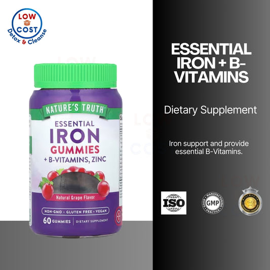 LowCost PH| Nature's Truth, Essential Iron + B-Vitamins, Zinc, Natural Grape, 60 Vegan Gummies